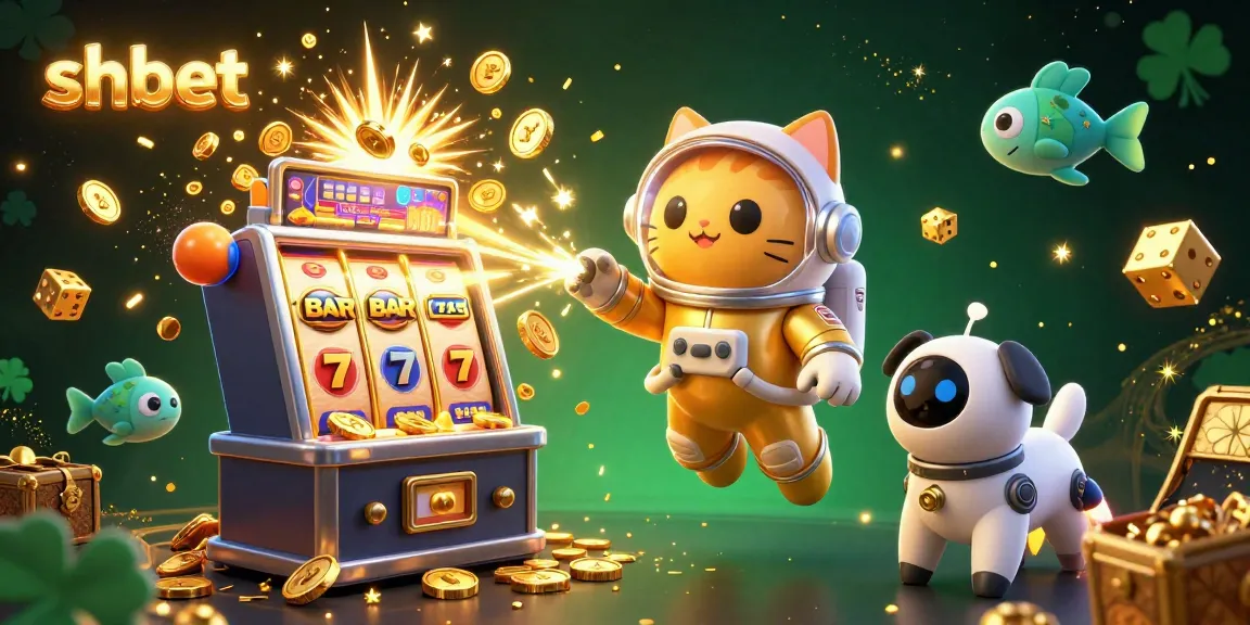 Engage with shbet's vibrant casino space theme featuring an astronaut cat and robot dog amidst golden sparks.