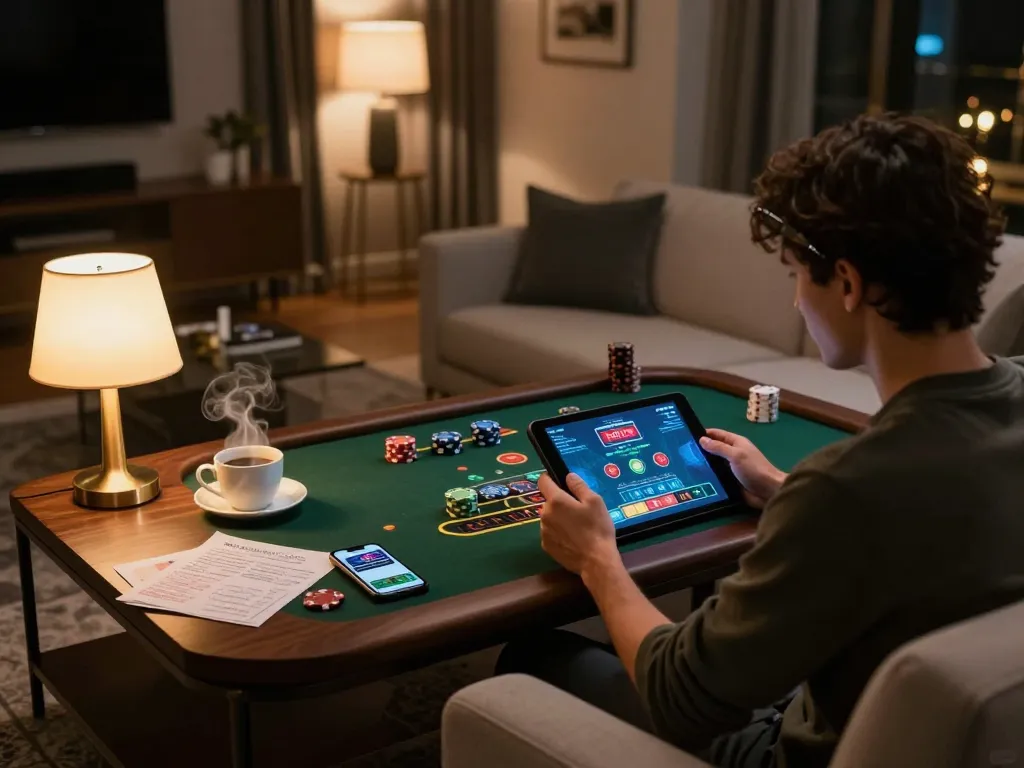 Person playing blackjack on ok365 from home, enhancing gaming strategy with comfortable ambiance.