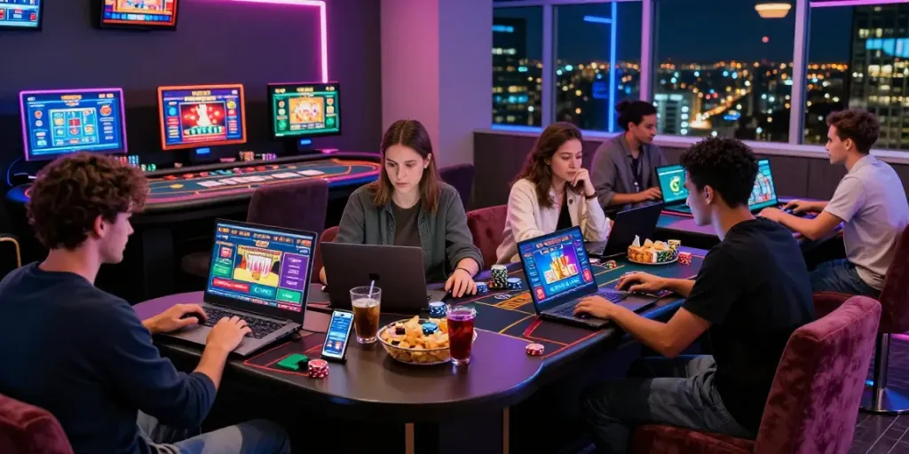 Friends enjoying a lively gaming session playing ALO8 online casino games