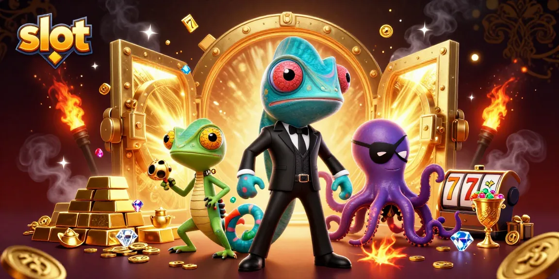 Experience exciting slot action with a vibrant 3D chameleon agent and treasure elements spilling riches.