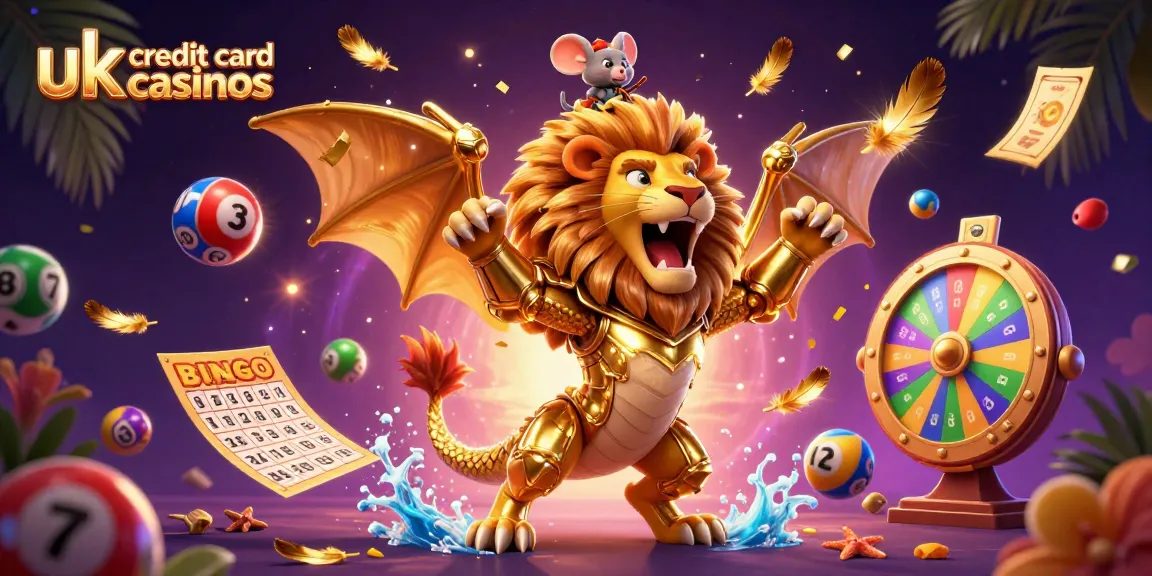 Experience the thrill of uk credit card casinos with an illustrated chimera creature and vibrant casino elements.