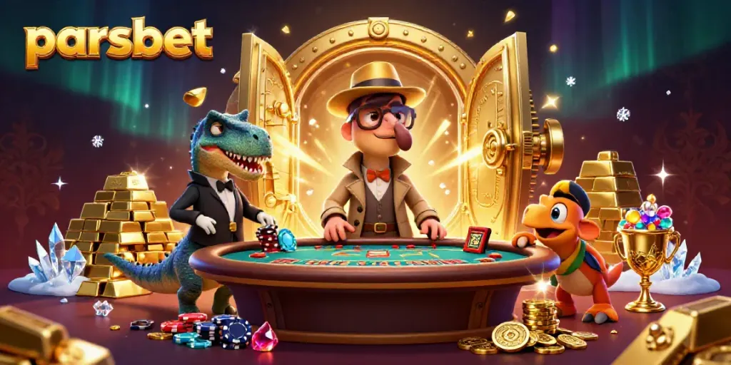 Parsbet ile blackjack masasında kart sayan 3D dinozor karakterleri ve altın hazine temalı detaylar.