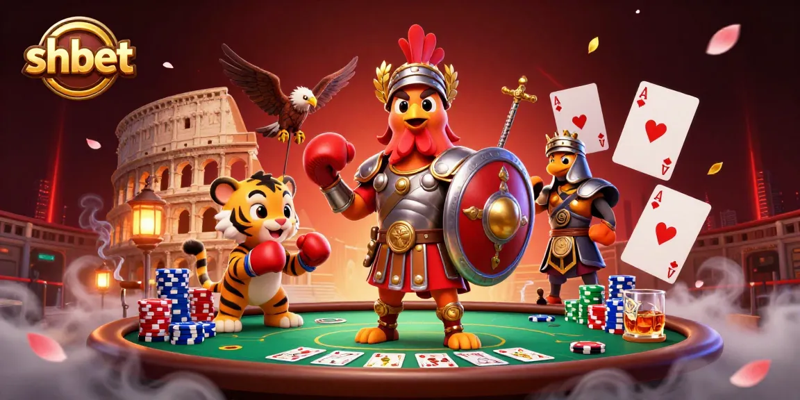Experience thrilling action at shbet with a dynamic scene featuring a gladiator rooster and poker elements.