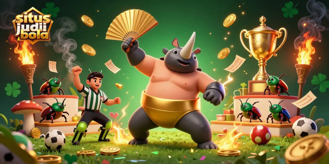 Experience the excitement of situs judi bola with a dynamic beetle sumo champion amidst sports symbols and betting slips.