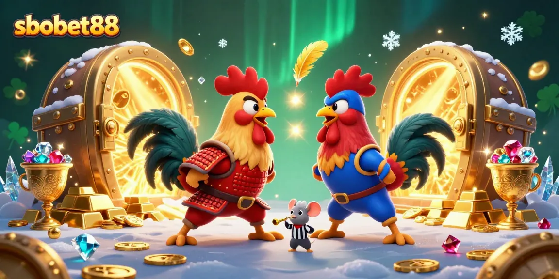 sbobet88 features twin cartoon roosters and golden treasures in an engaging betting showdown.