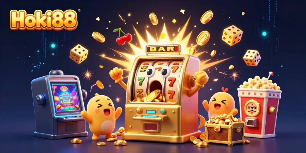 Hoki88 mengaktifkan mesin slot emas 3D dengan wajah terkejut saat jackpot, dikelilingi simbol dan karakter kasino.