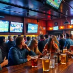 Engaged fans enjoying sports betting in a lively bar environment with vibrant team colors.