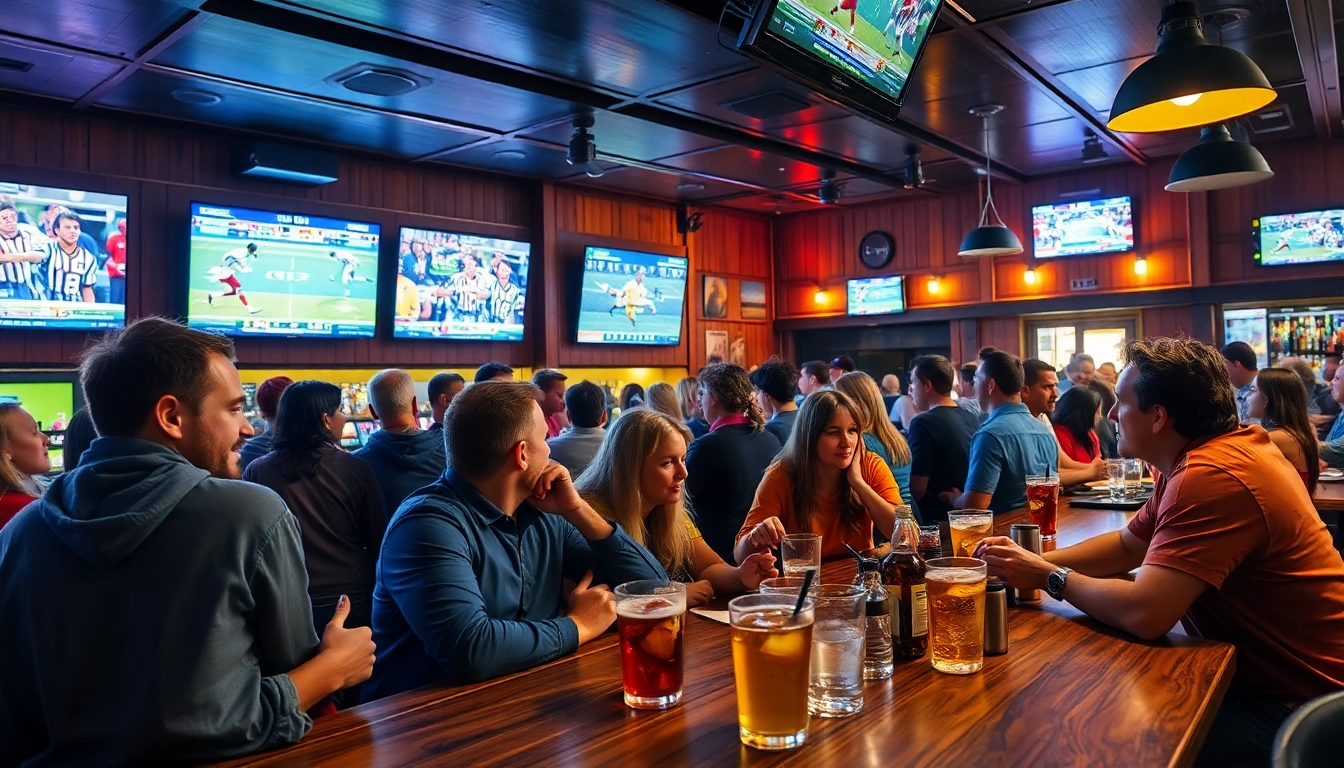 Engaged fans enjoying sports betting in a lively bar environment with vibrant team colors.