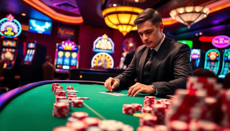 Experience the lively atmosphere of a Casino with a dealer dealing cards and vibrant surroundings.