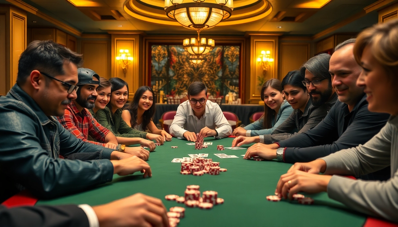 Engaging poker game scene showcasing players strategizing and competing in an exciting casino environment.
