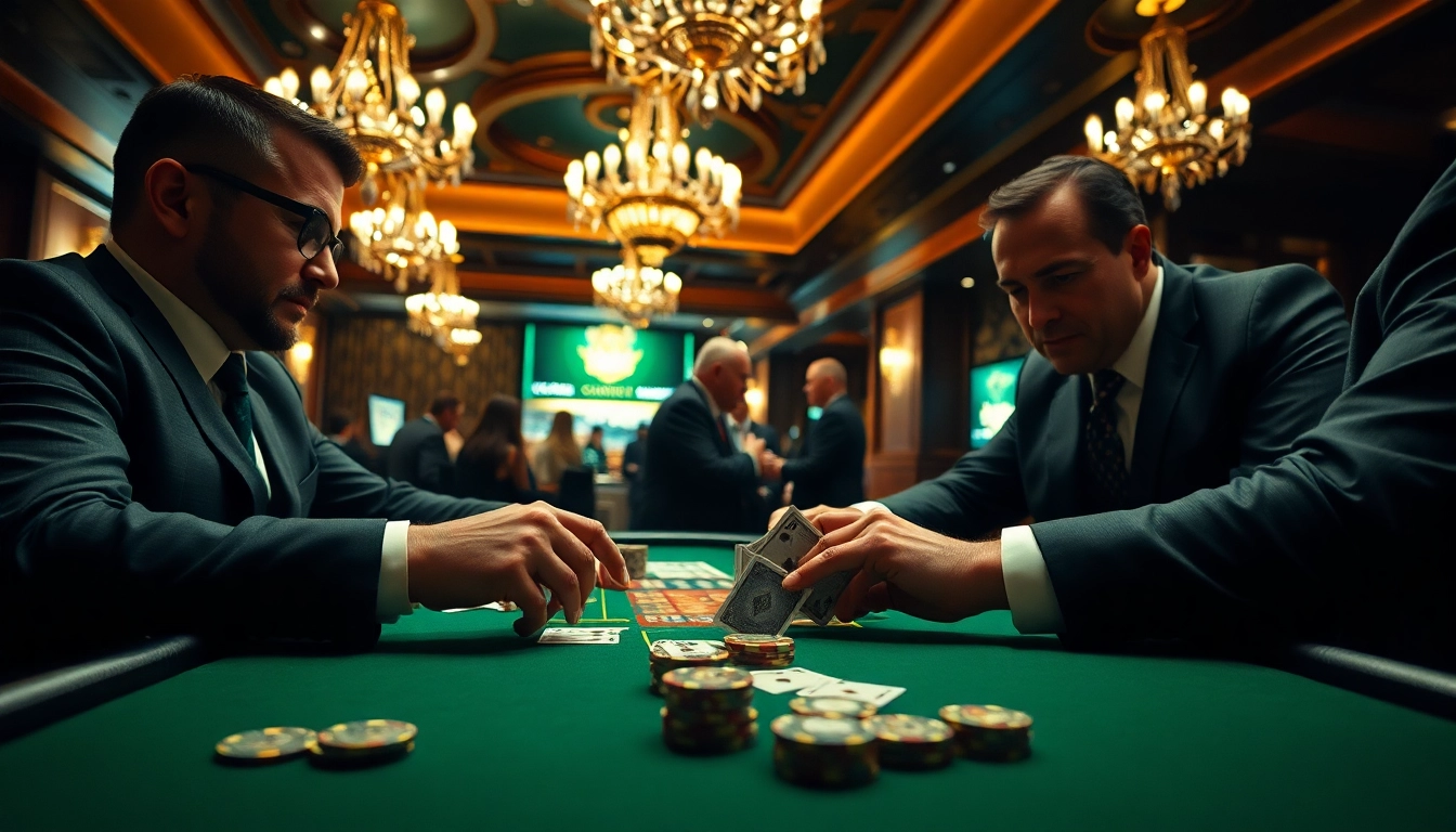 Engaged players at a blackjack casino table showcasing excitement and strategy.