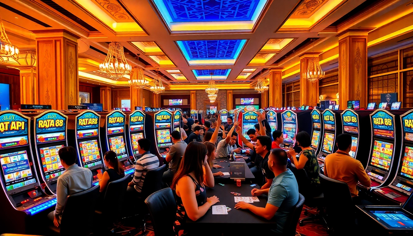 Excited players winning on slot API Raja 88 at a luxurious casino setting.