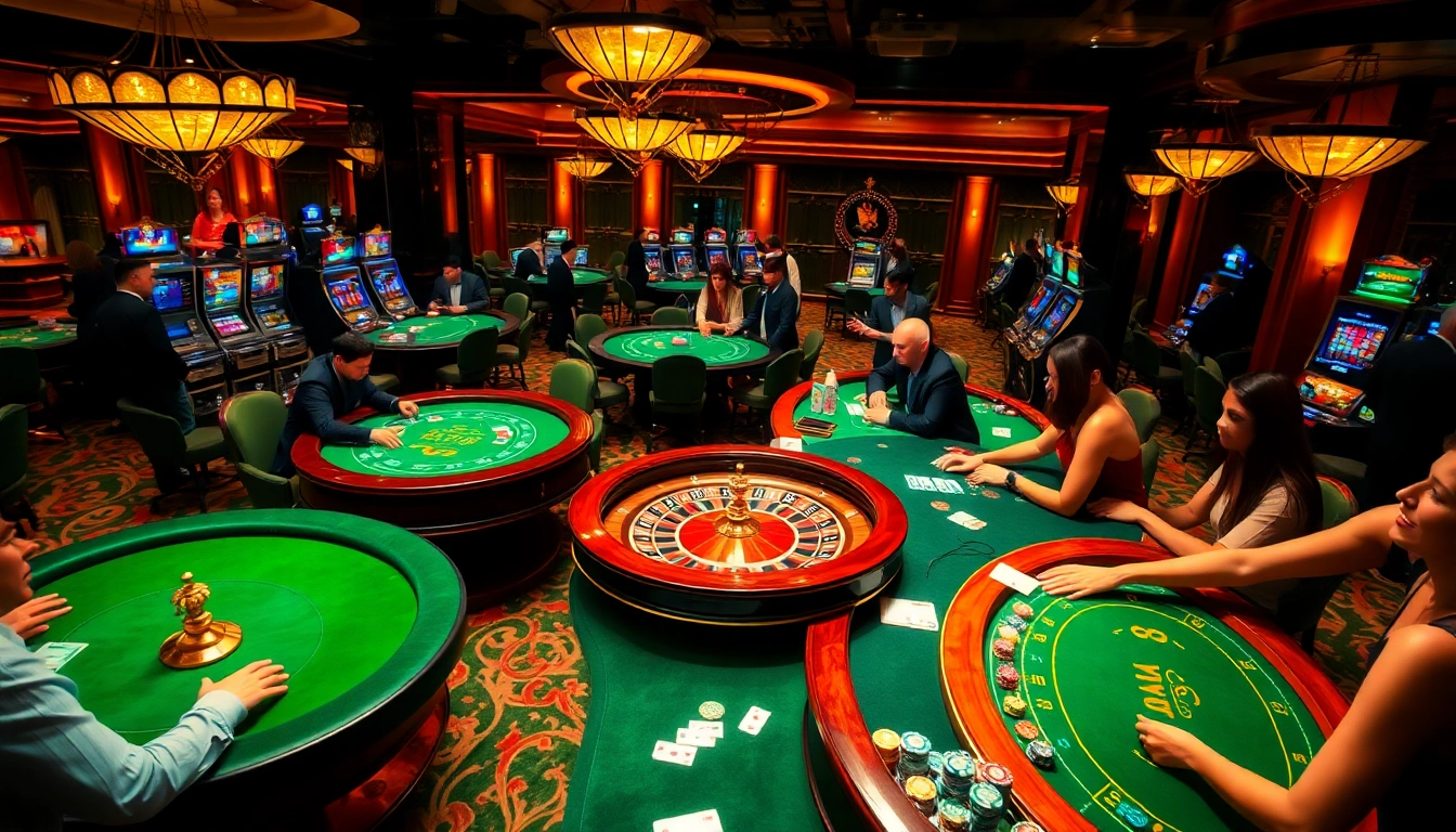KJC players enjoying a lively casino atmosphere at poker and roulette tables, capturing excitement and strategy.