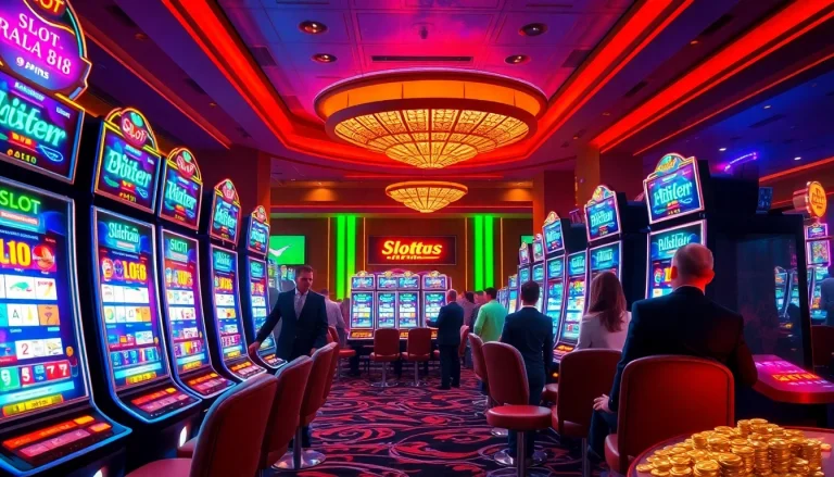 Players engaging with slot api raja 88 in an exciting casino environment filled with vibrant slot machines.