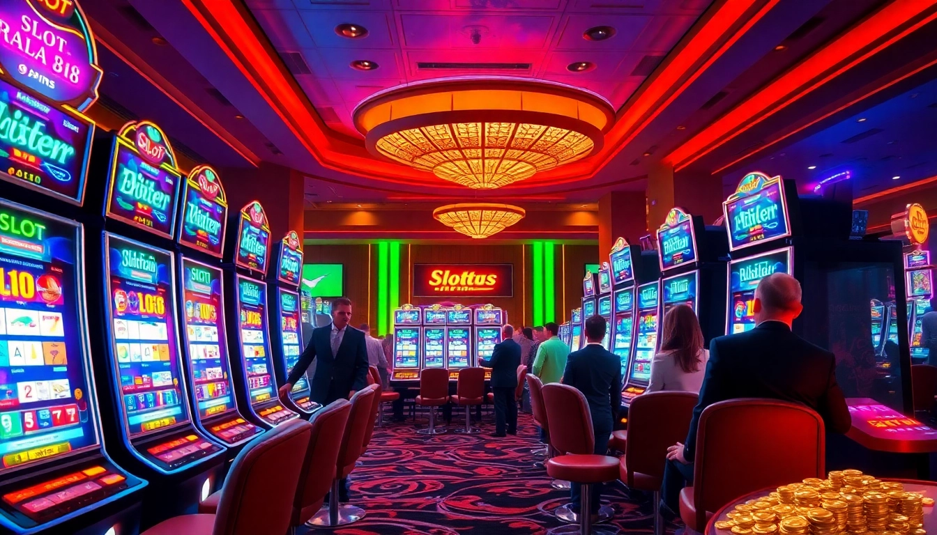 Players engaging with slot api raja 88 in an exciting casino environment filled with vibrant slot machines.