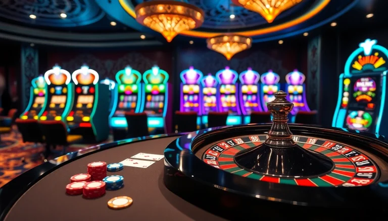 Experience the excitement of gambling on QQMacan with vibrant casino visuals and engaging slot machines.