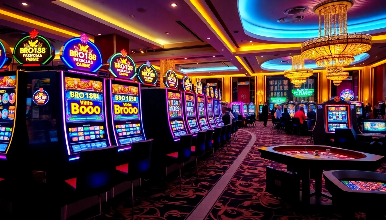 Experience excitement at Bro138's luxurious slot machines on a vibrant casino floor.