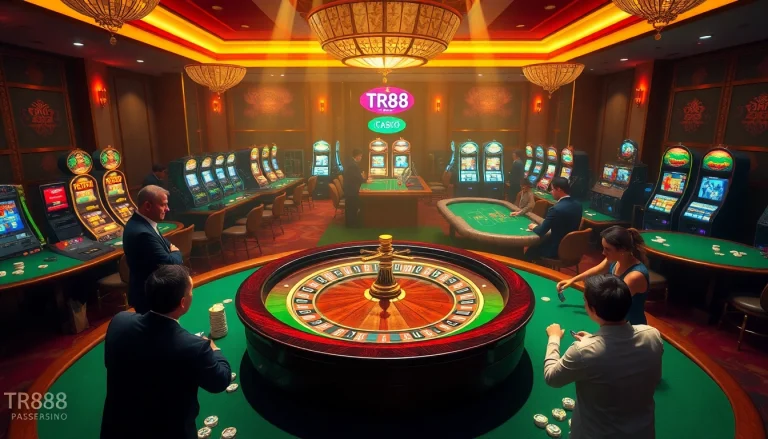 Excited players enjoying high-stakes games at TR88 CASINO with roulette wheel and slot machines.