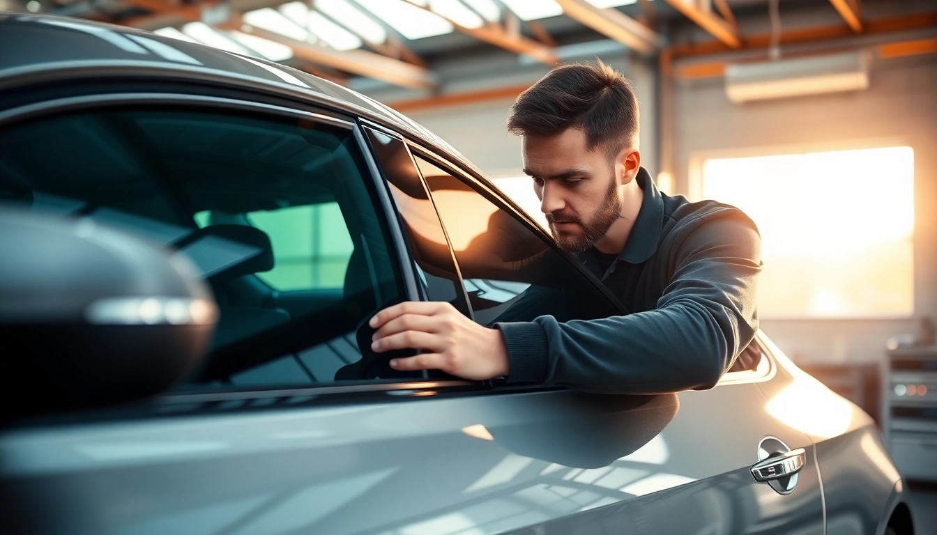 Get expert auto window tint near me with a skilled technician applying premium tint film.