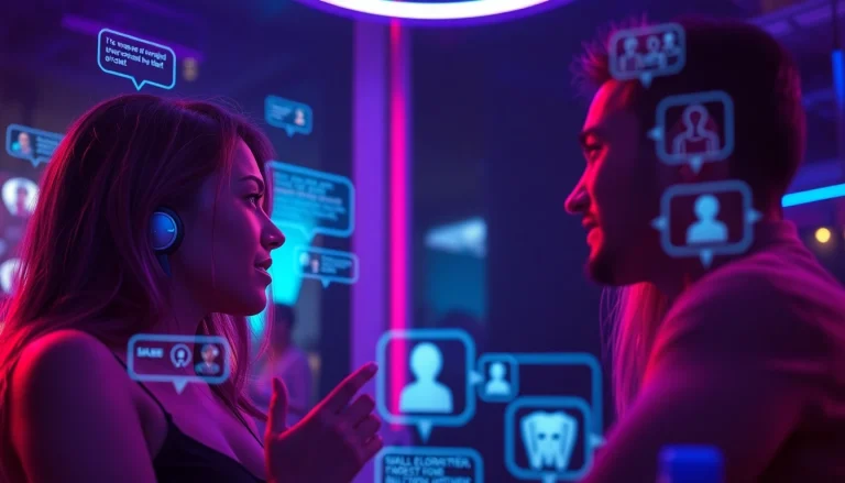 Engage in a dynamic porn AI chat scene with futuristic characters and vibrant digital elements.