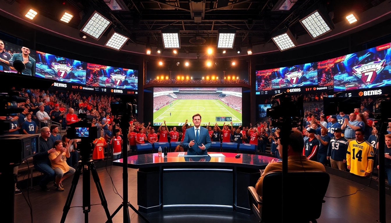 Engaging sports broadcasting studio with an energetic anchor delivering updates.