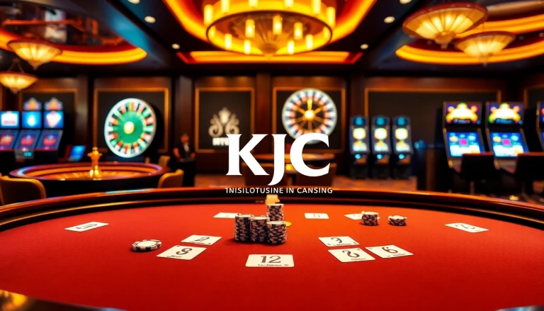 KJC casino scene with luxurious blackjack table and vibrant roulette wheel.