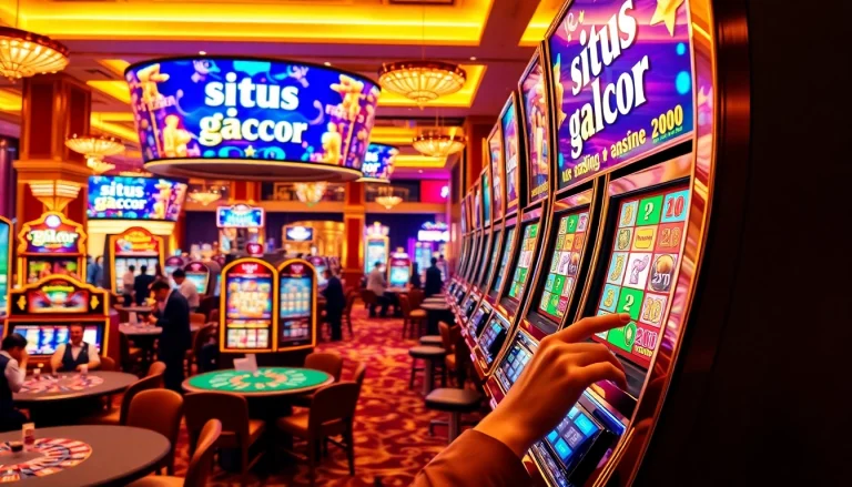 situs slot gacor player excitedly winning at a vibrant slot machine in a luxurious casino setting