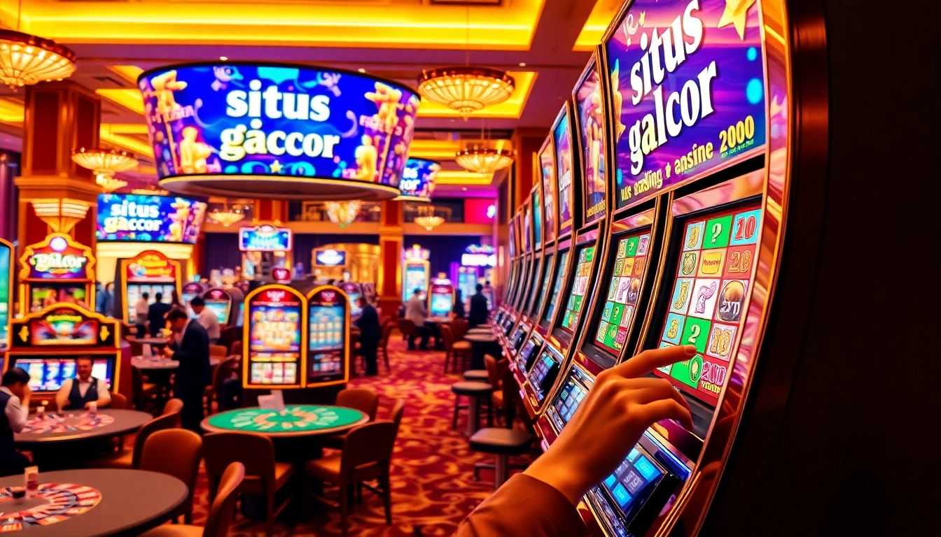 situs slot gacor player excitedly winning at a vibrant slot machine in a luxurious casino setting