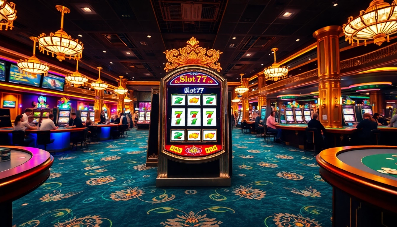 Exciting scene of players engaging with the slot777 machine at a luxurious casino.