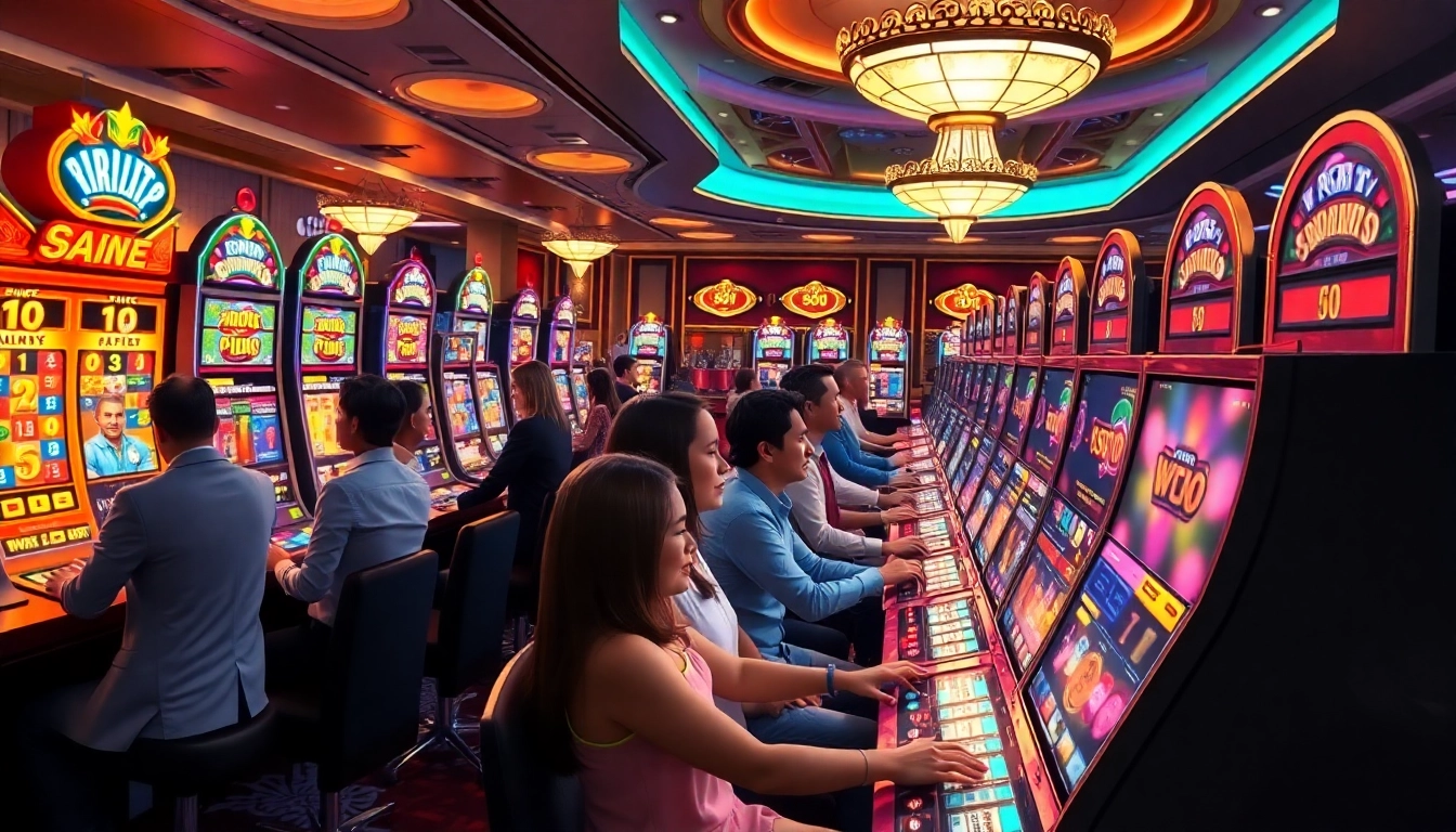 Slot machines and excited players at KtPJiTu, showcasing thrilling gambling experience with vibrant colors.