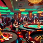 Experience the excitement of LC88 online gaming with luxurious casino elements like poker tables, slot machines, and vibrant colors.