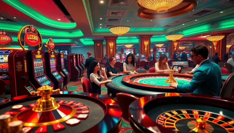 Experience the excitement of LC88 online gaming with luxurious casino elements like poker tables, slot machines, and vibrant colors.