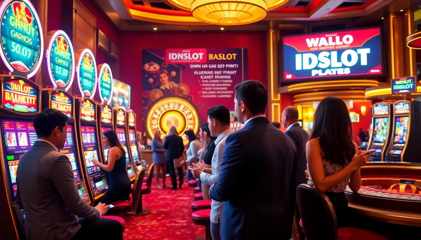 Experience thrilling wins at IDNSLOT, showcasing vibrant slot machines and excited players in a luxurious casino setting.