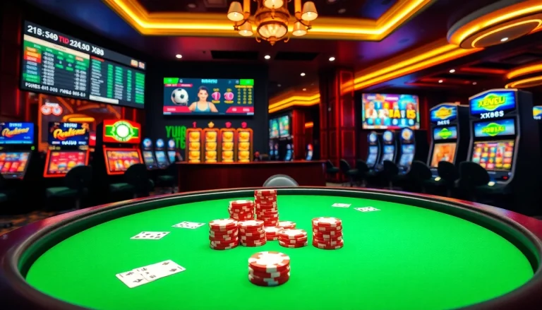 Experience thrilling gameplay at XX88 with a vibrant online casino atmosphere featuring poker tables and betting screens.