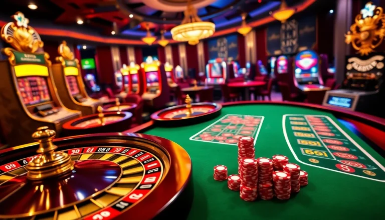 Experience the excitement of idnslot with vibrant slot machines and roulette wheels in a luxurious casino setting.