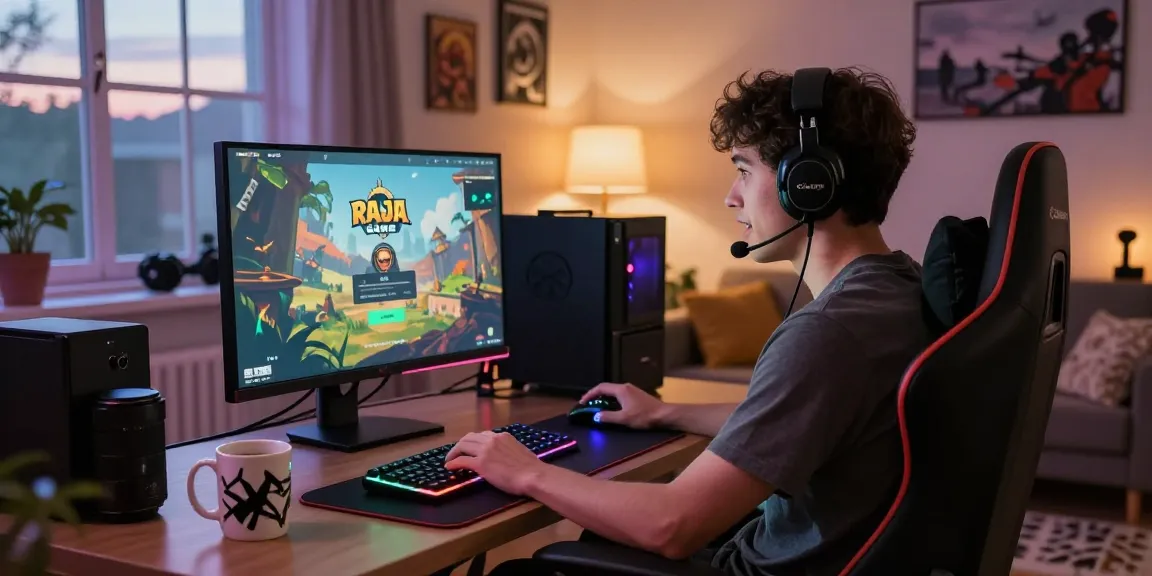 Raja Game login interface on a gaming monitor with an engaged player in a cozy atmosphere.